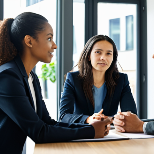Home 4 A diverse group of three professionals, two women and one man, engaged in a collaborative discussion in a sunlit modern office. They are seated at a clean, contemporary meeting table, demonstrating active and empathetic listening. One woman is speaking with an open, genuine expression and natural hand gestures, while the other woman and the man are listening intently, maintaining eye contact and nodding in understanding. Their postures are open and engaged, conveying authenticity and trust. They are all fully clothed in modest business attire, professional dress, appropriate content, safe for work. The background features blurred office elements like subtle monitors and plants, emphasizing the human connection. Perfect anatomy, correct proportions, natural pose, well-formed hands, proper finger count, natural body proportions, professional photography, high quality.
