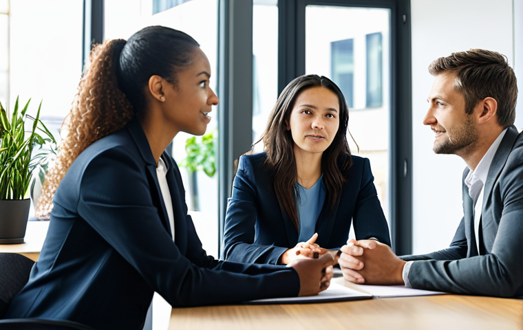 A diverse group of three professionals, two women and one man, engaged in a collaborative discussion in a sunlit modern office. They are seated at a clean, contemporary meeting table, demonstrating active and empathetic listening. One woman is speaking with an open, genuine expression and natural hand gestures, while the other woman and the man are listening intently, maintaining eye contact and nodding in understanding. Their postures are open and engaged, conveying authenticity and trust. They are all fully clothed in modest business attire, professional dress, appropriate content, safe for work. The background features blurred office elements like subtle monitors and plants, emphasizing the human connection. Perfect anatomy, correct proportions, natural pose, well-formed hands, proper finger count, natural body proportions, professional photography, high quality.