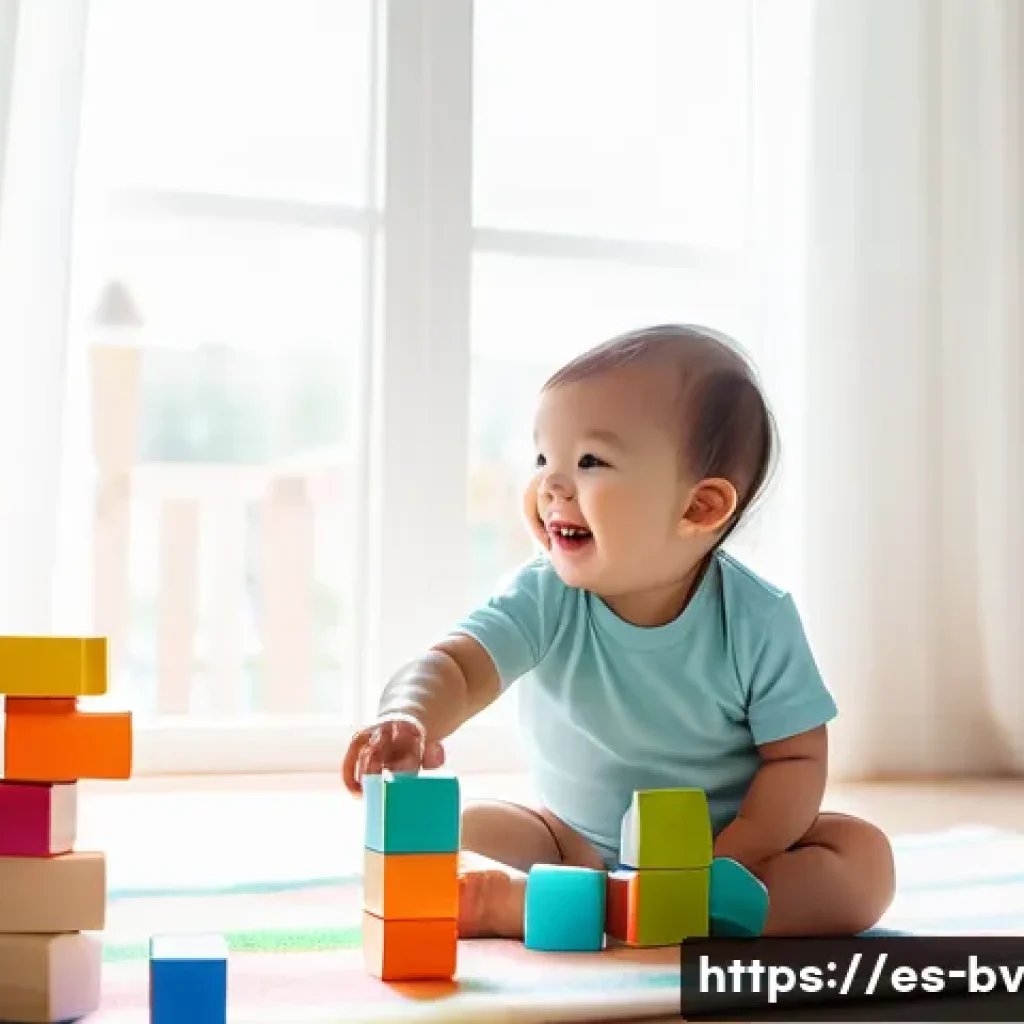 상대방과의 신뢰를 쌓는 대화법 - **A toddler (wearing a diaper) giggling while playing with colorful building blocks on a soft playma...
