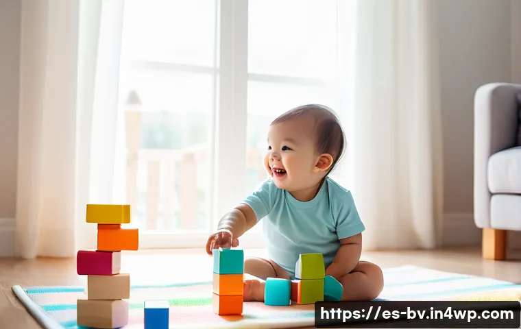 상대방과의 신뢰를 쌓는 대화법 - **A toddler (wearing a diaper) giggling while playing with colorful building blocks on a soft playma...