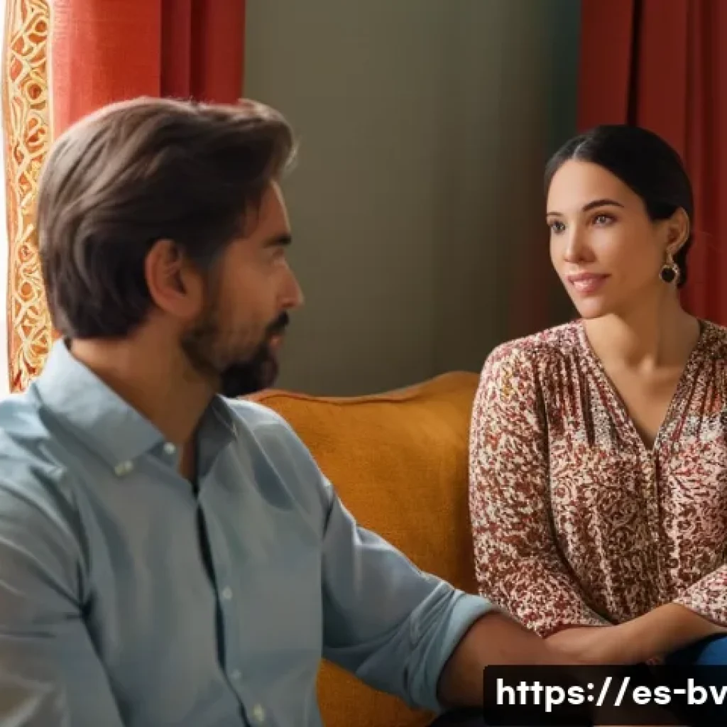 감정 이입을 통한 커뮤니케이션 개선 - A warm, intimate scene showing two diverse adults sitting in a cozy Spanish-style living room, engag...