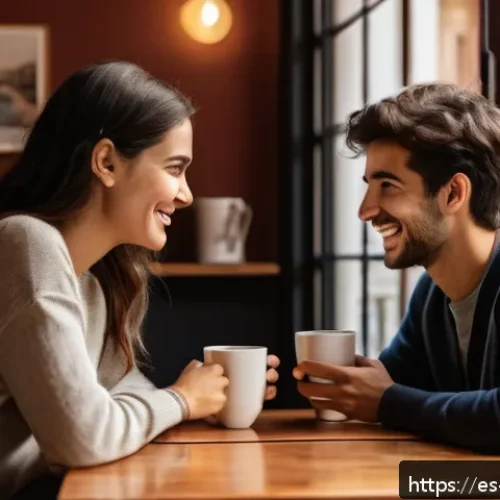 Home 32 상대방의 기대에 부응하는 대화법 - A warm and engaging conversation scene set in a cozy Spanish café, showing two young adults sitting ...
