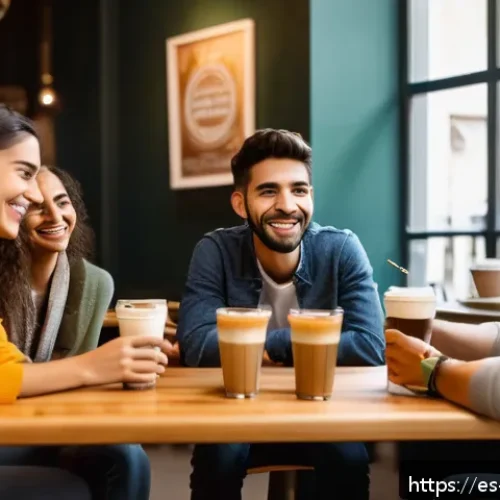 Home 30 상황에 맞는 대화 주제 선택하기 - A lively social gathering in a modern Spanish café, filled with diverse young adults engaging in ani...